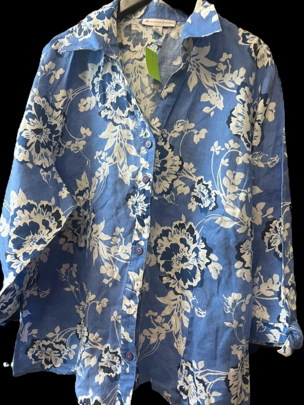 JM Collection Linen  Blue and White Floral Button-Front Blouse